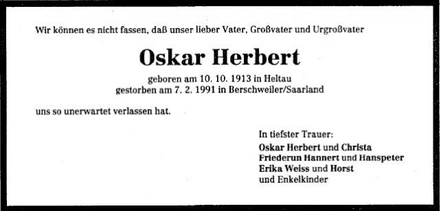 Herbert Oskar 1913-1991 Todesanzeige